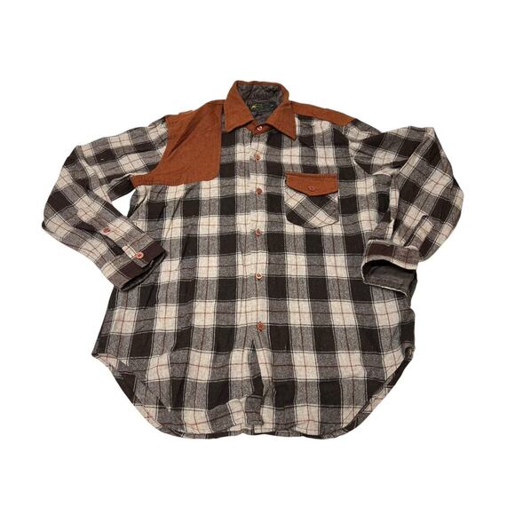 Vtg K-Mart 70s Sport Style Patch Shooting Flannel Shirt L Brown Plaid Wool Holes - Picture 1 of 11